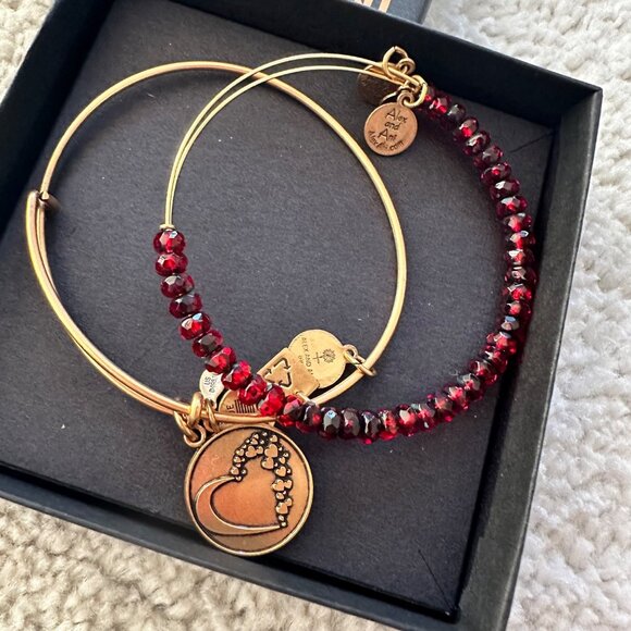 Alex + Ani Gold-Tone Heart & Red Crystal Bangles Pair In Box for Gifting - Picture 2 of 4